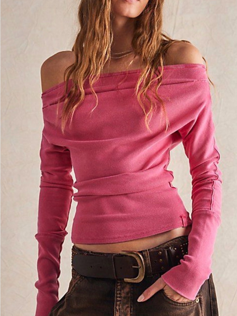 We The Free Gigi Off-Shoulder Ribbed Long-Sleeve top - Pink